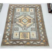 Decorative Wool Area Rug with Geometric Medallion Design. Hand-knotted Oushak Carpet