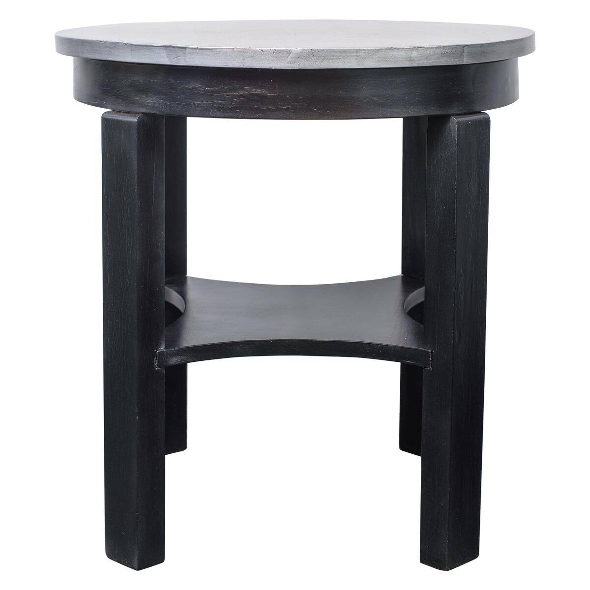 Round Art Deco black painted wooden side table with lower shelf, 1930s.