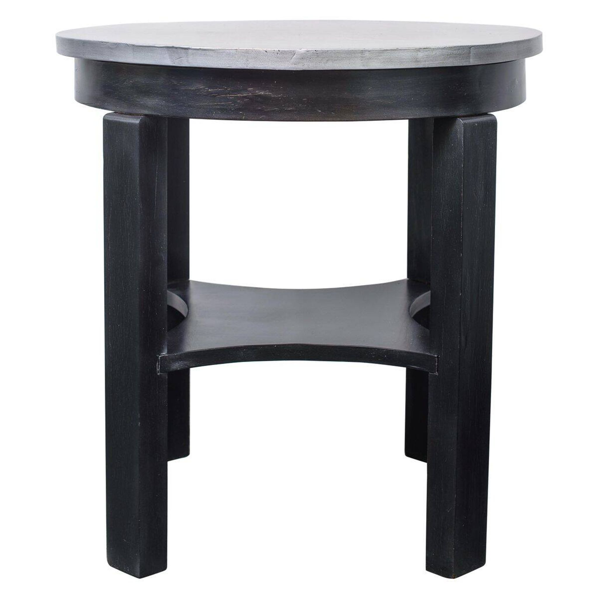 Round Art Deco black painted wooden side table with lower shelf, 1930s.