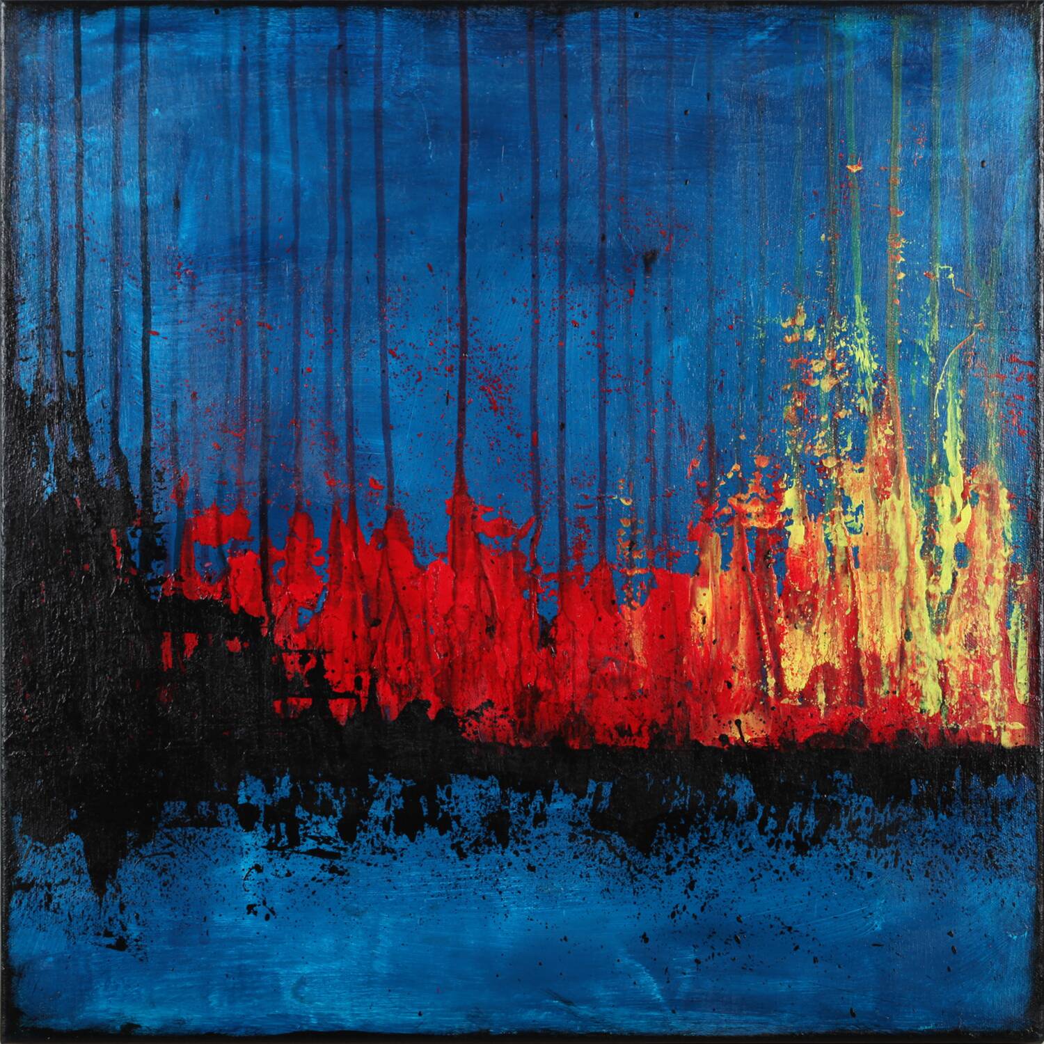 Contemporary abstract artwork in blue, red,black, yelow on stretched canvas