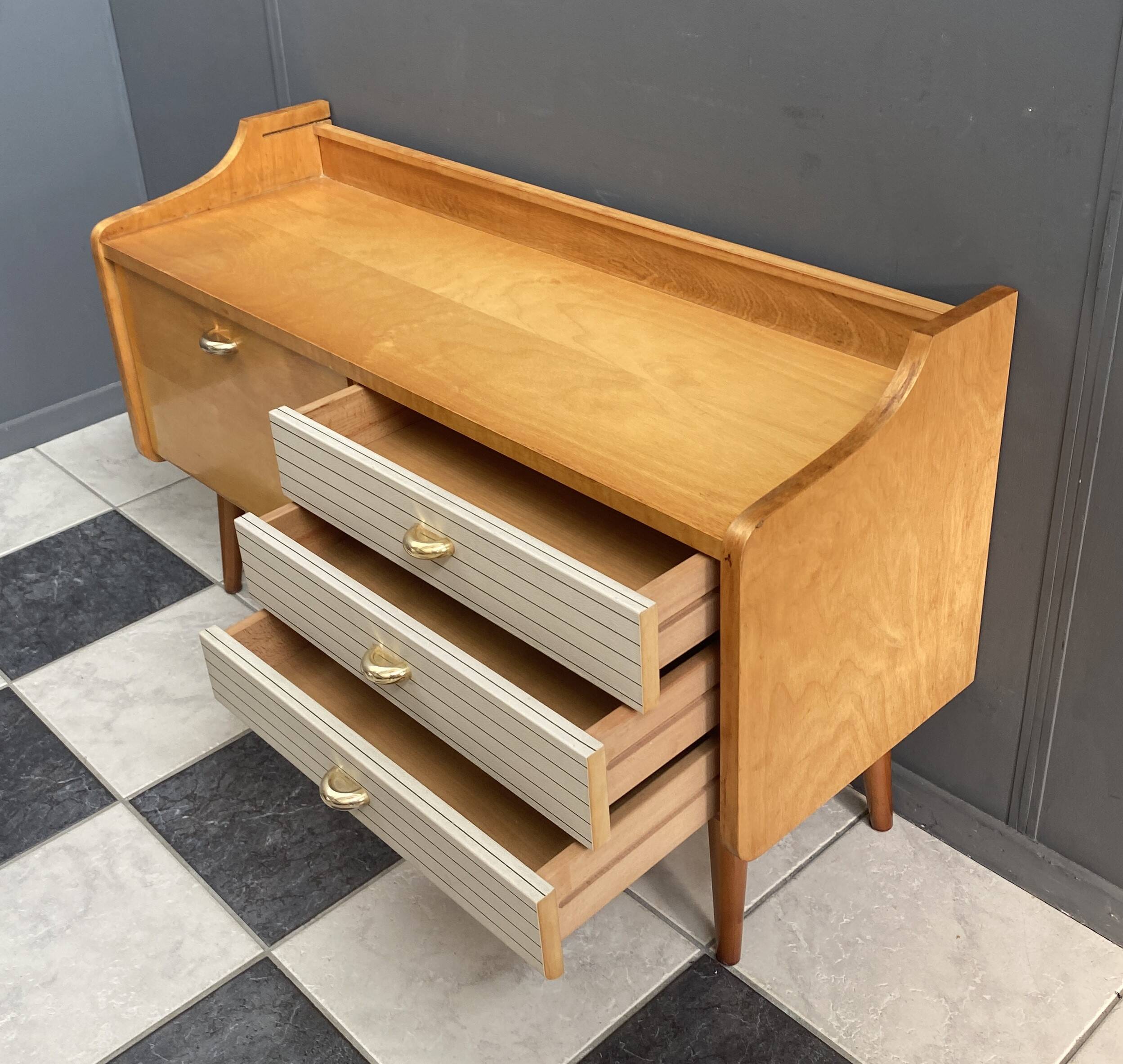 Low sideboard, white leatherette drawer fronts, 1960s