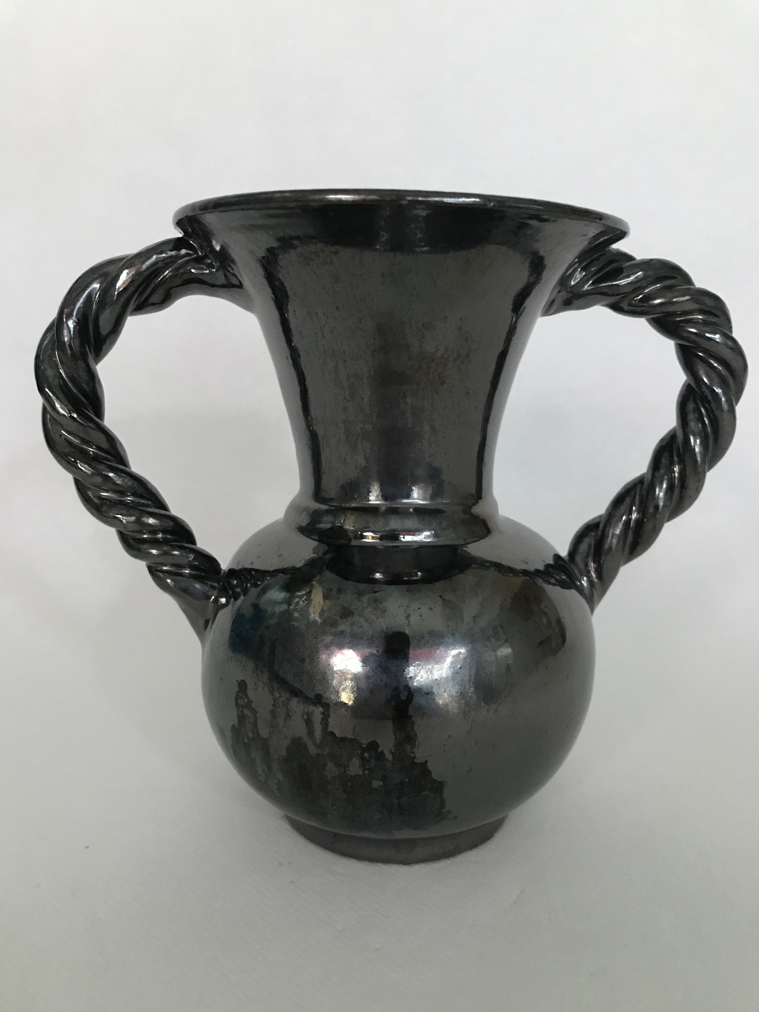 Black vase with twisted handles signed Blaise Rubino in Vallauris, circa 1950/1960