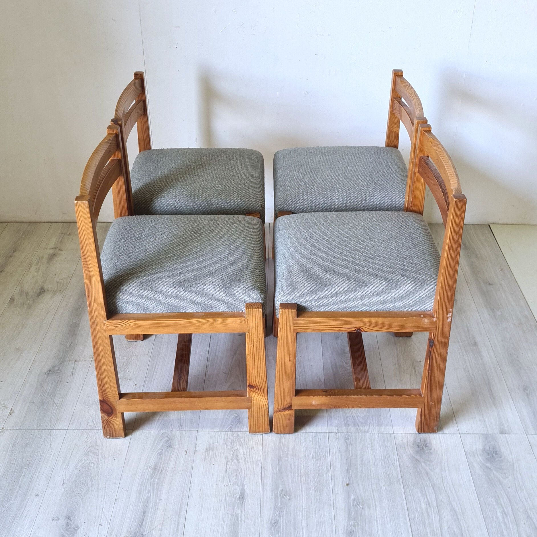 Modernist solid pine chairs with wool fabric seats, 1960s