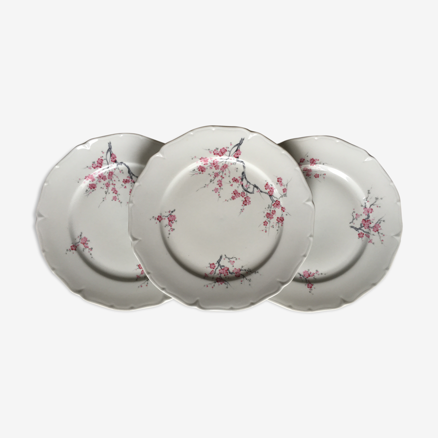 Lot de 3 assiettes plates en porcelaine de Sologne decor rose | Selency