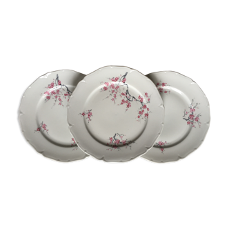 Set of 3 flat plates in Porcelain of Sologne pink decor