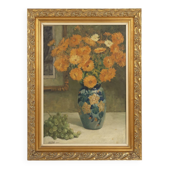 Belgium baroque painting of vase with flowers signed Jos Pas, 1944