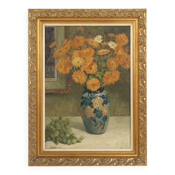 Belgium baroque painting of vase with flowers signed Jos Pas, 1944