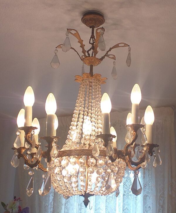 Lustre baroque véritable cristal de bohème et bronze 12 branches