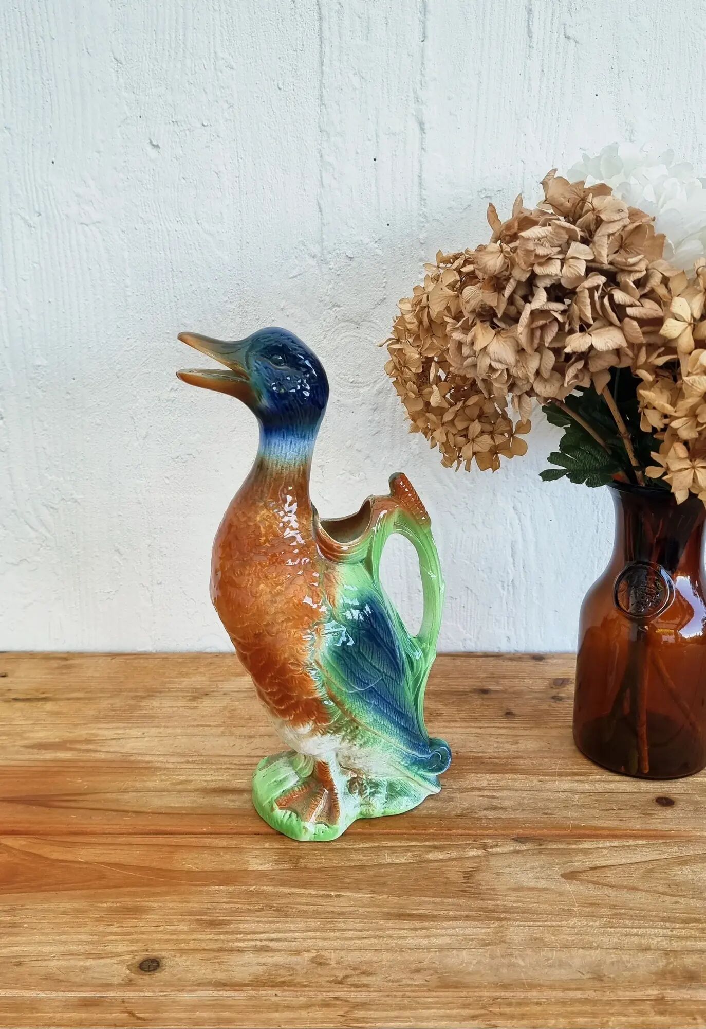 Vintage barbotine duck pitcher Saint Clément no. 7492