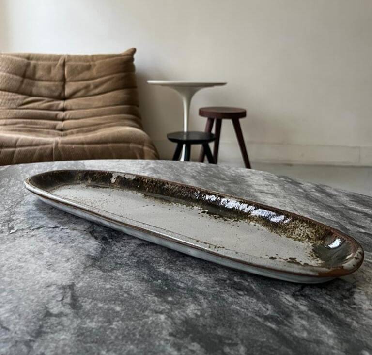 large fish serving dish in enamelled and signed stoneware ceramic, 1960