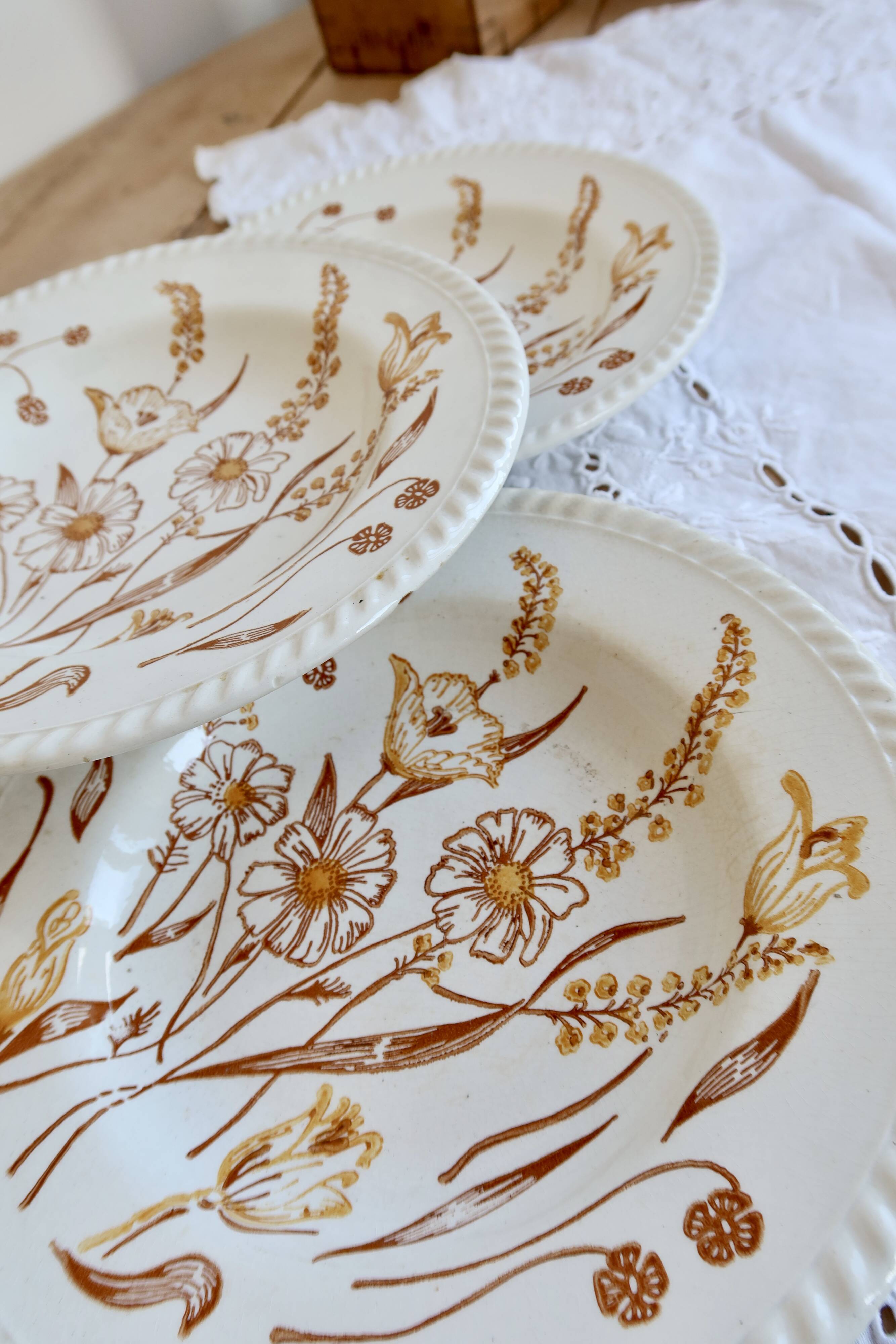4 vintage deep plates with a brown floral design