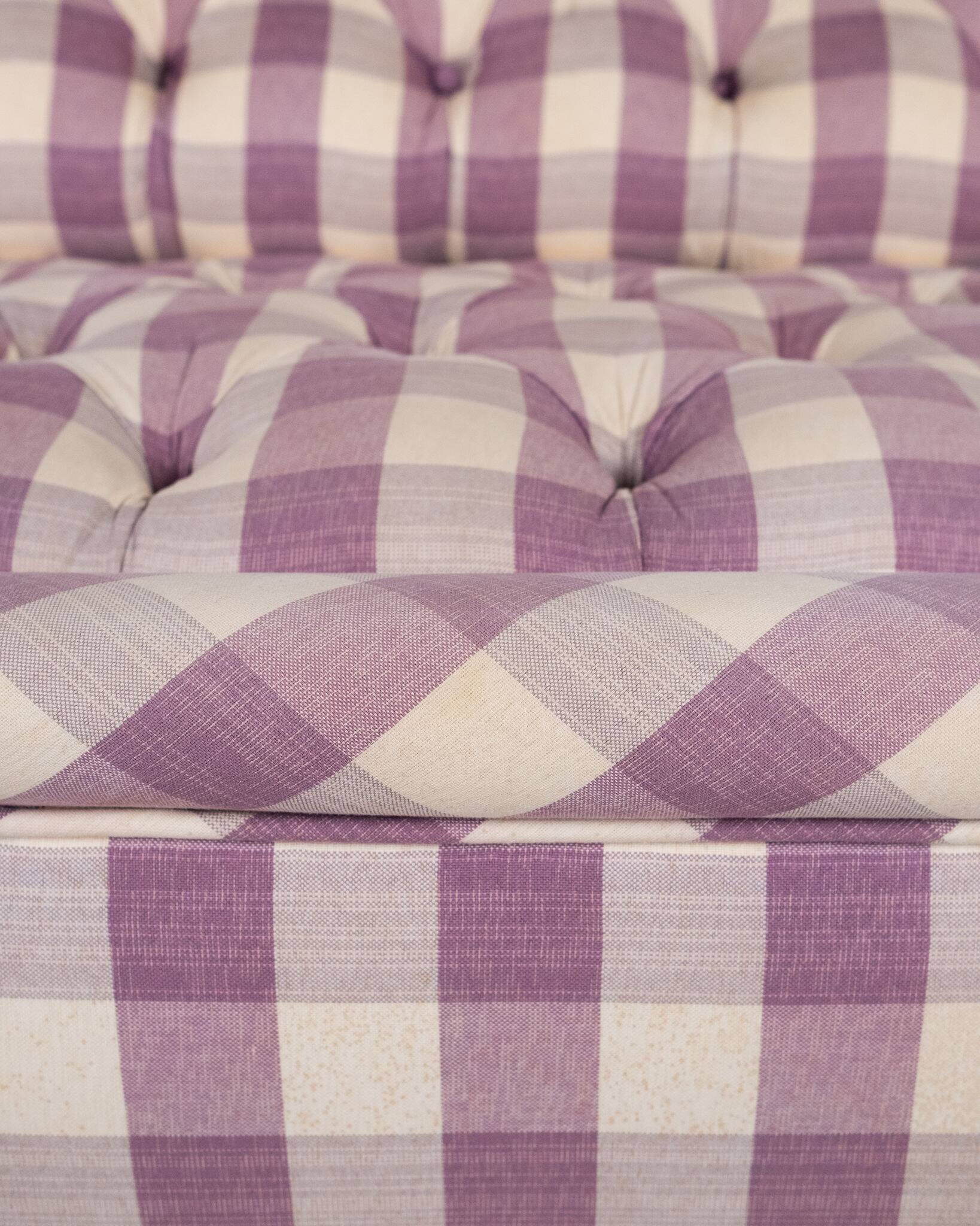 Upholstered bench in mauve and cream Vichy fabric, France, 1970s