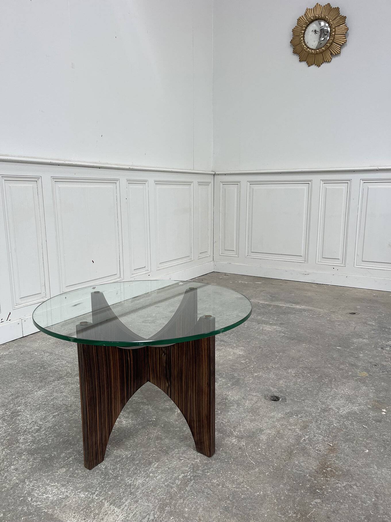 1950s glass and rosewood coffee table