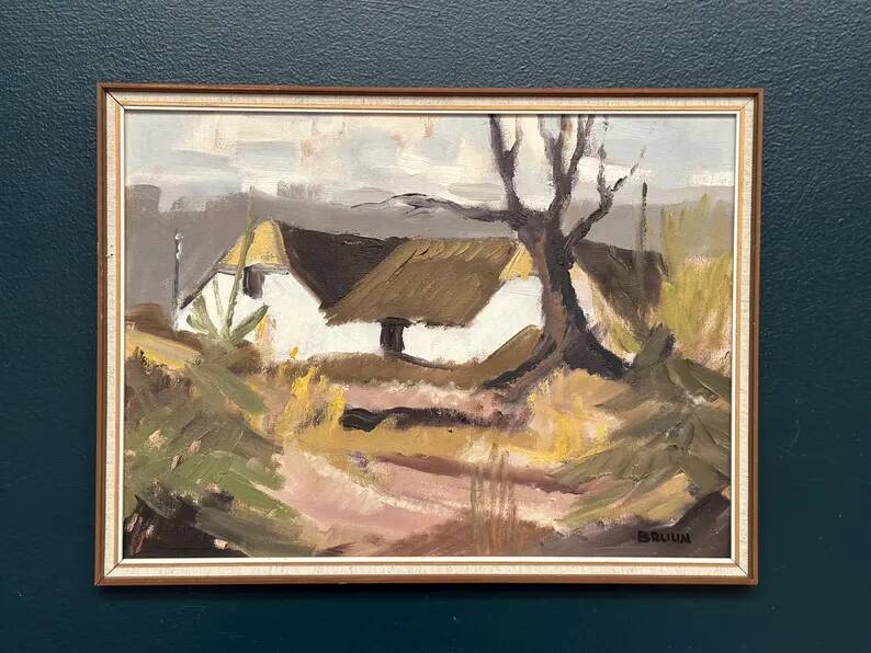 Original Swedish Oil on Canvas – "Farm" by Jörgen Bruun – Signed – Vintage and Framed – 41 × 31 cm (16.1" × 12.2")