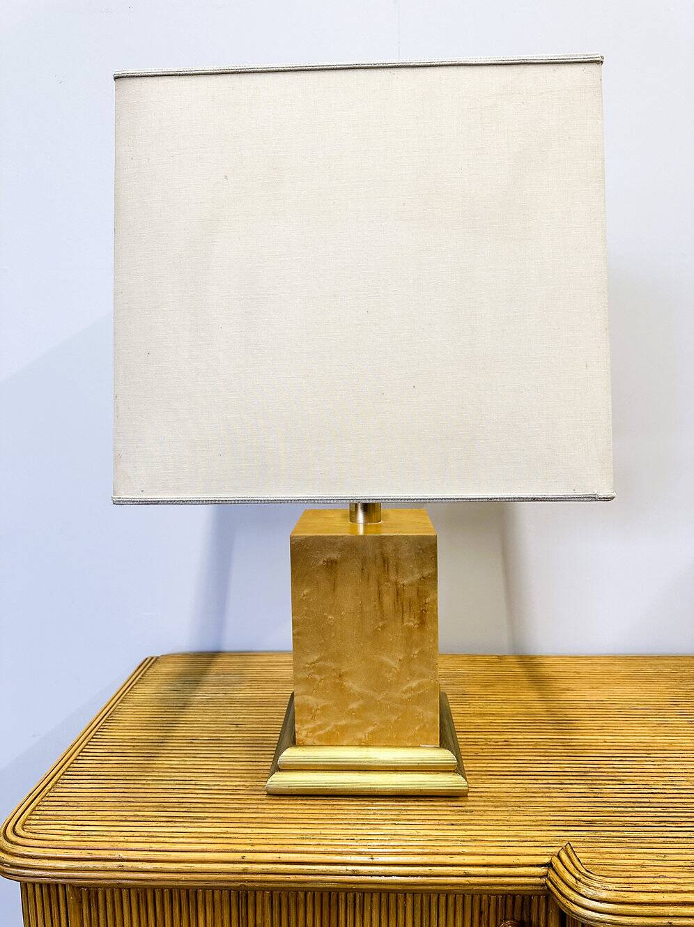 Vintage burlwood rectangular table lamp, France 1980s