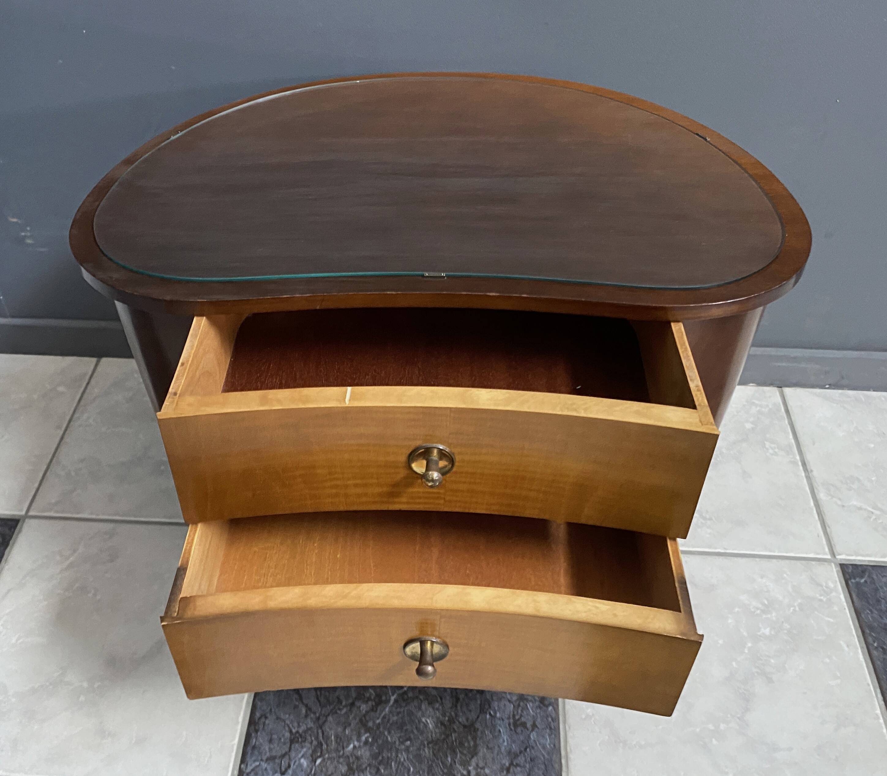 small kidney shaped cabinet with glass on top 1960s