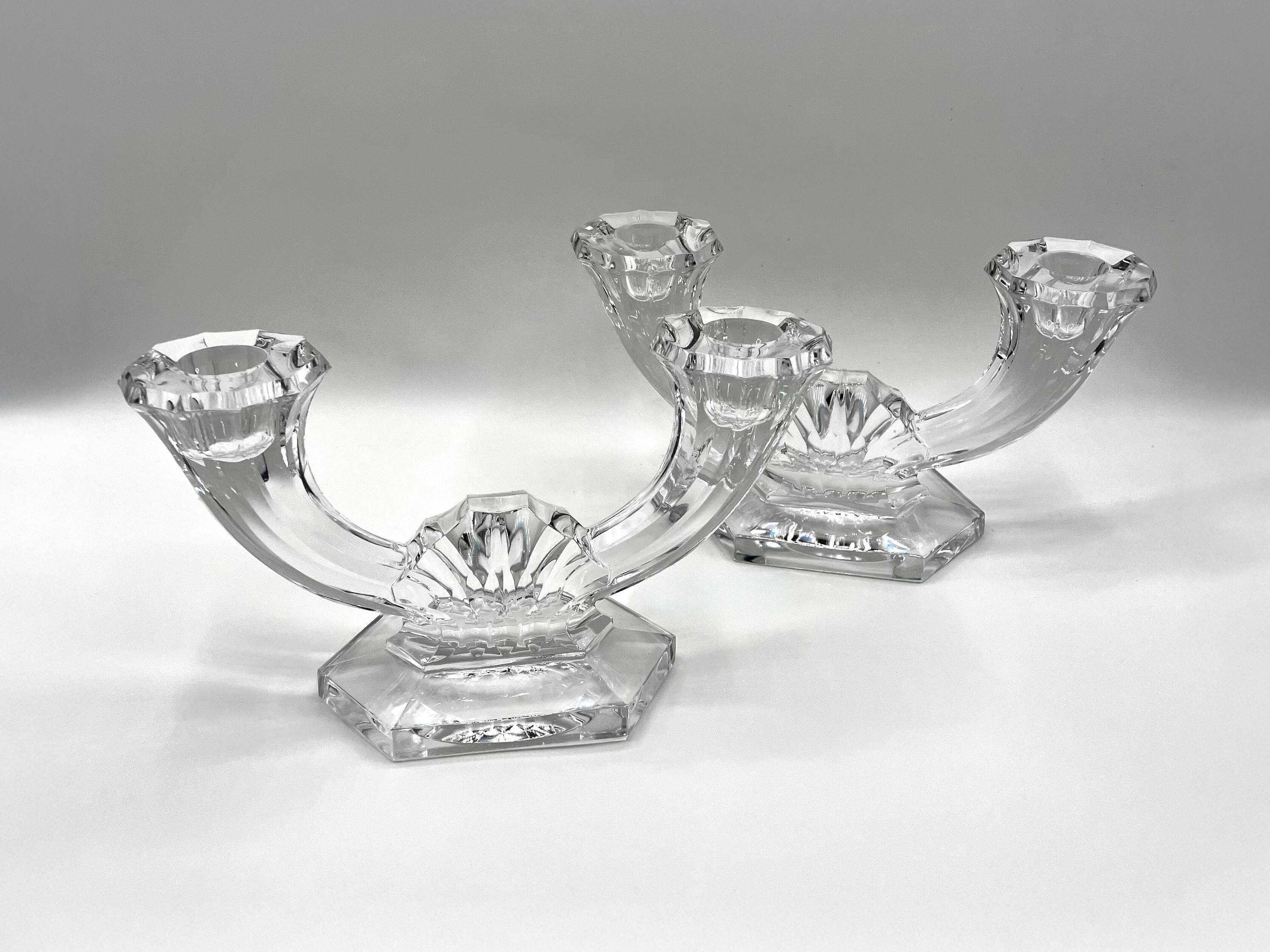 Set of 2 double-light crystal candlesticks • Val Saint-Lambert crystal factory • 1953 • Belgium