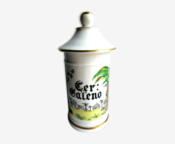 Old pharmacy pot, porcelain: Cer Galeno, column, palm tree, snake