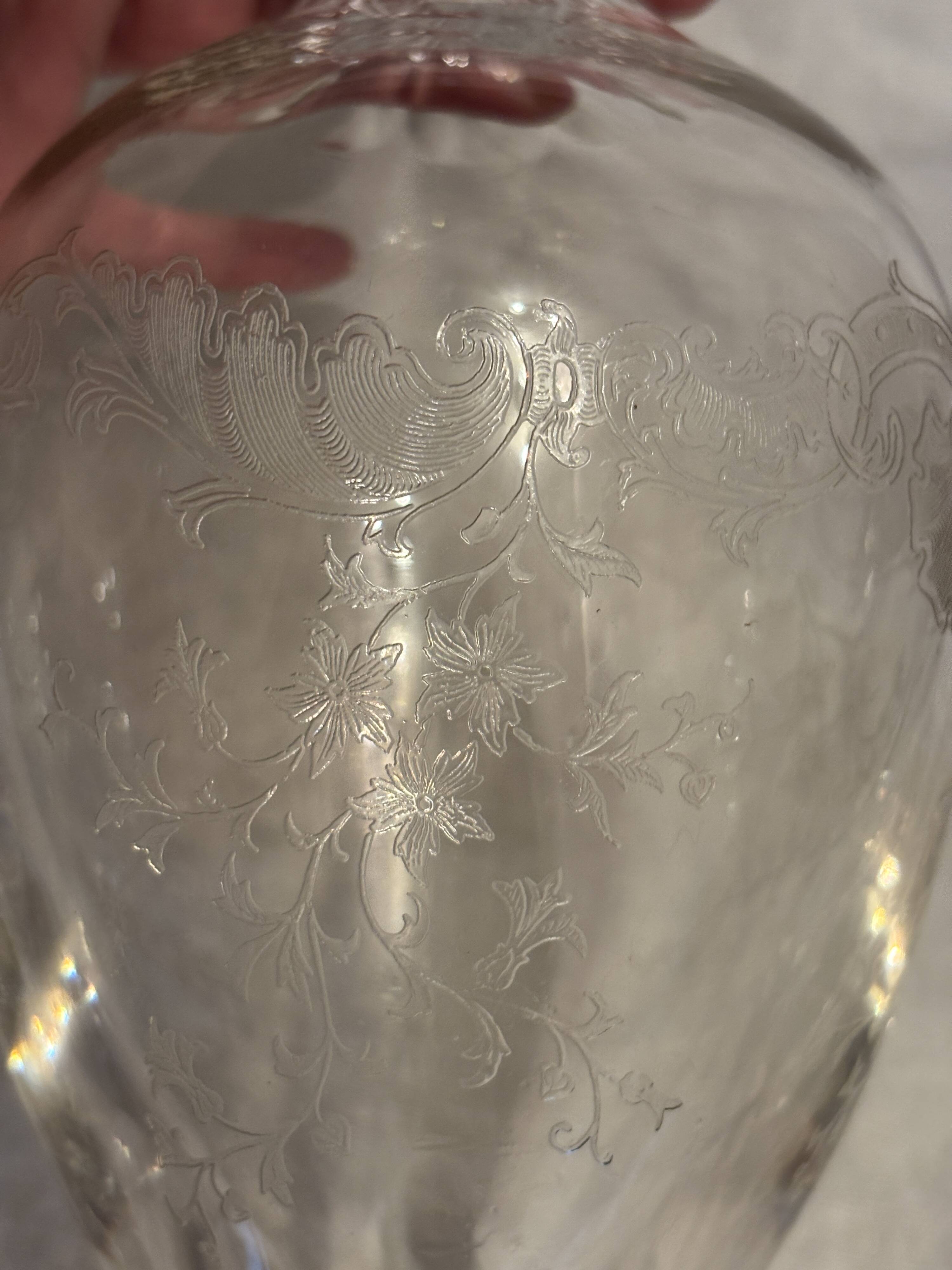 Antique engraved crystal carafe – floral decoration – matching Saint-Louis
