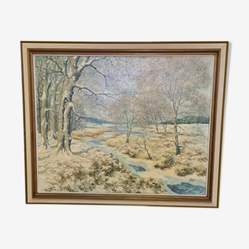Dutch Painting by J. Kayser Winter Landscape mid 20th Century