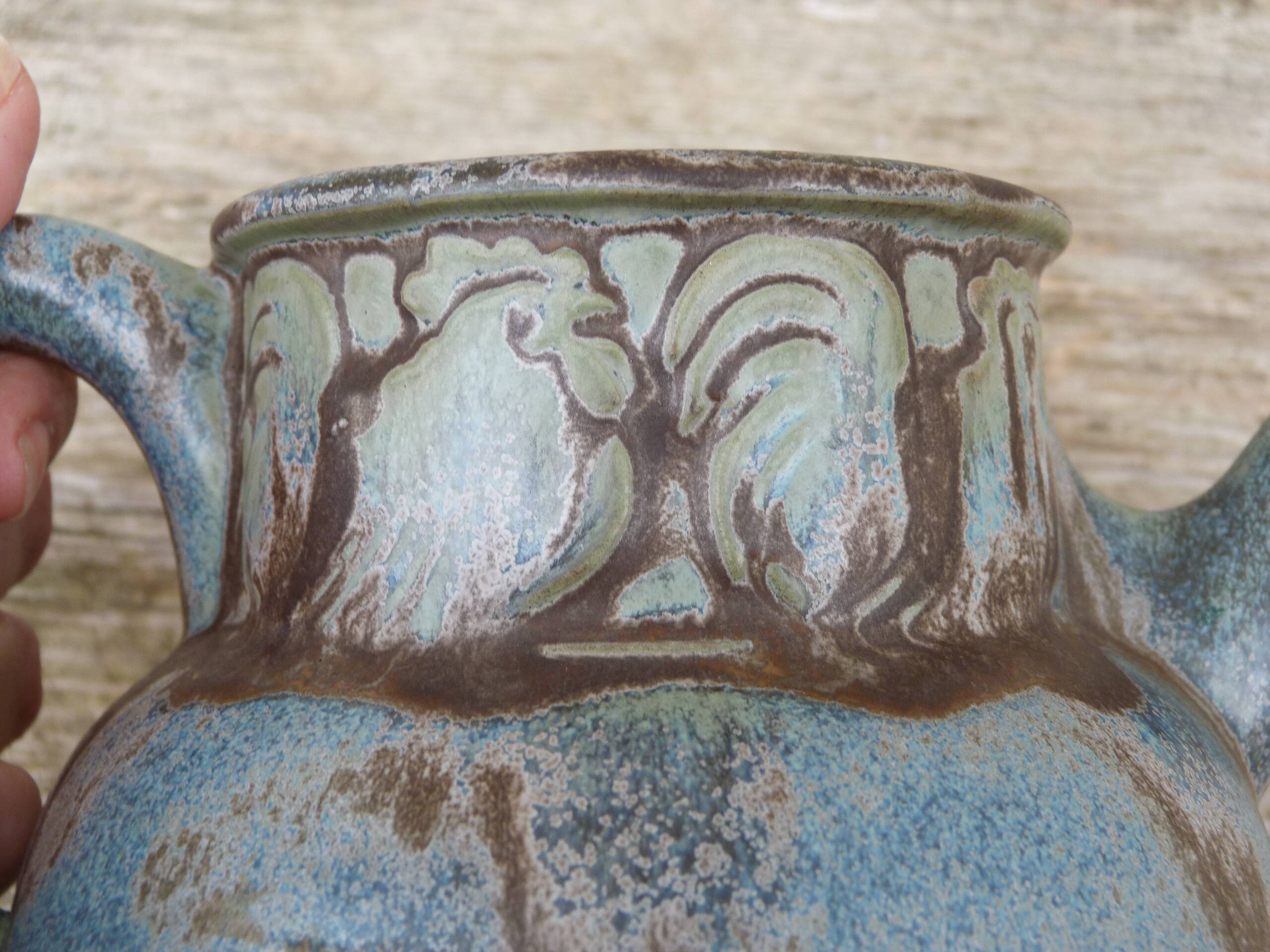 Art Nouveau stoneware pitcher signed Denbac