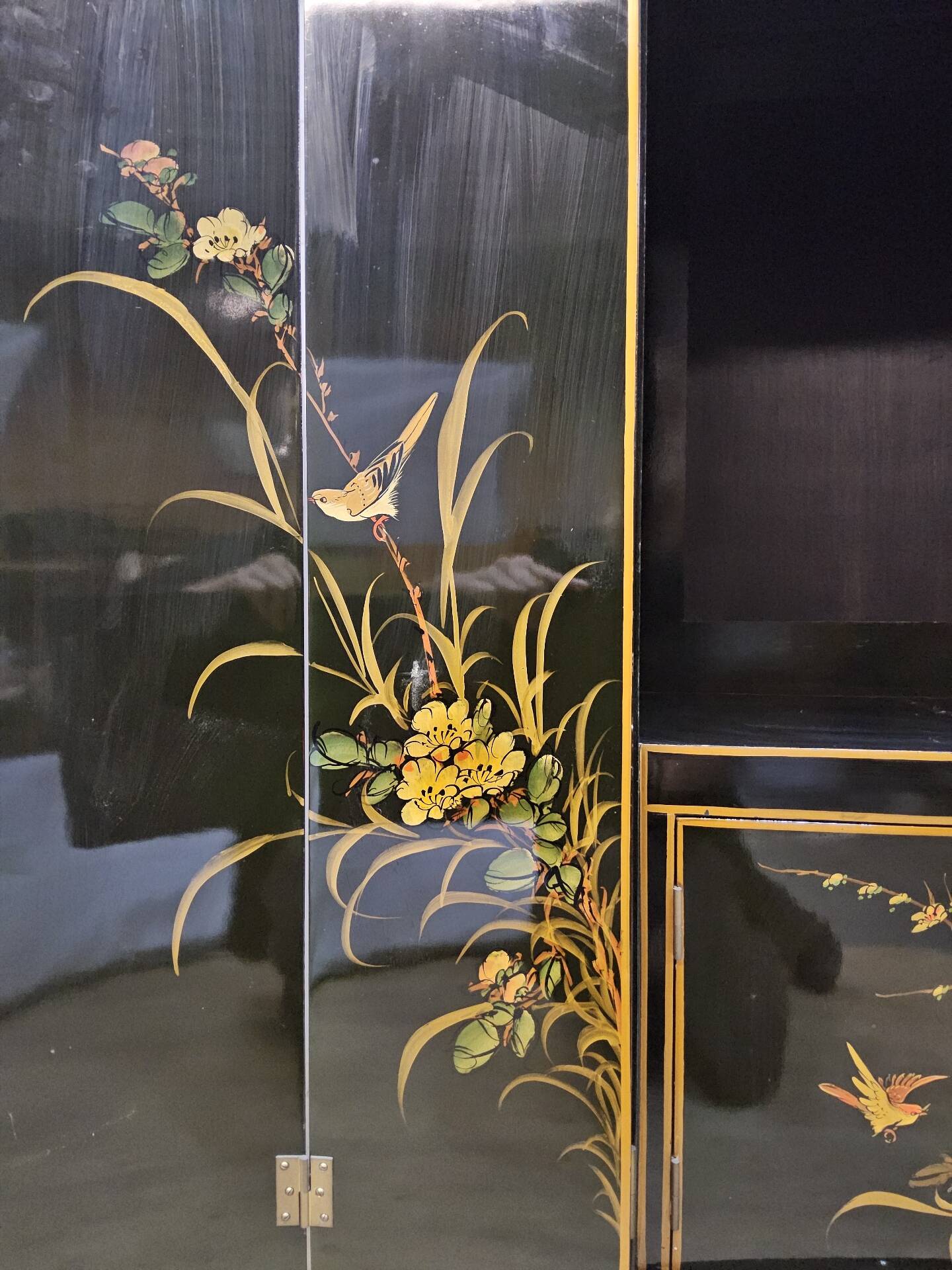 Vintage Chinese cabinet with gold leaf, flowers and peacock/ bohemian