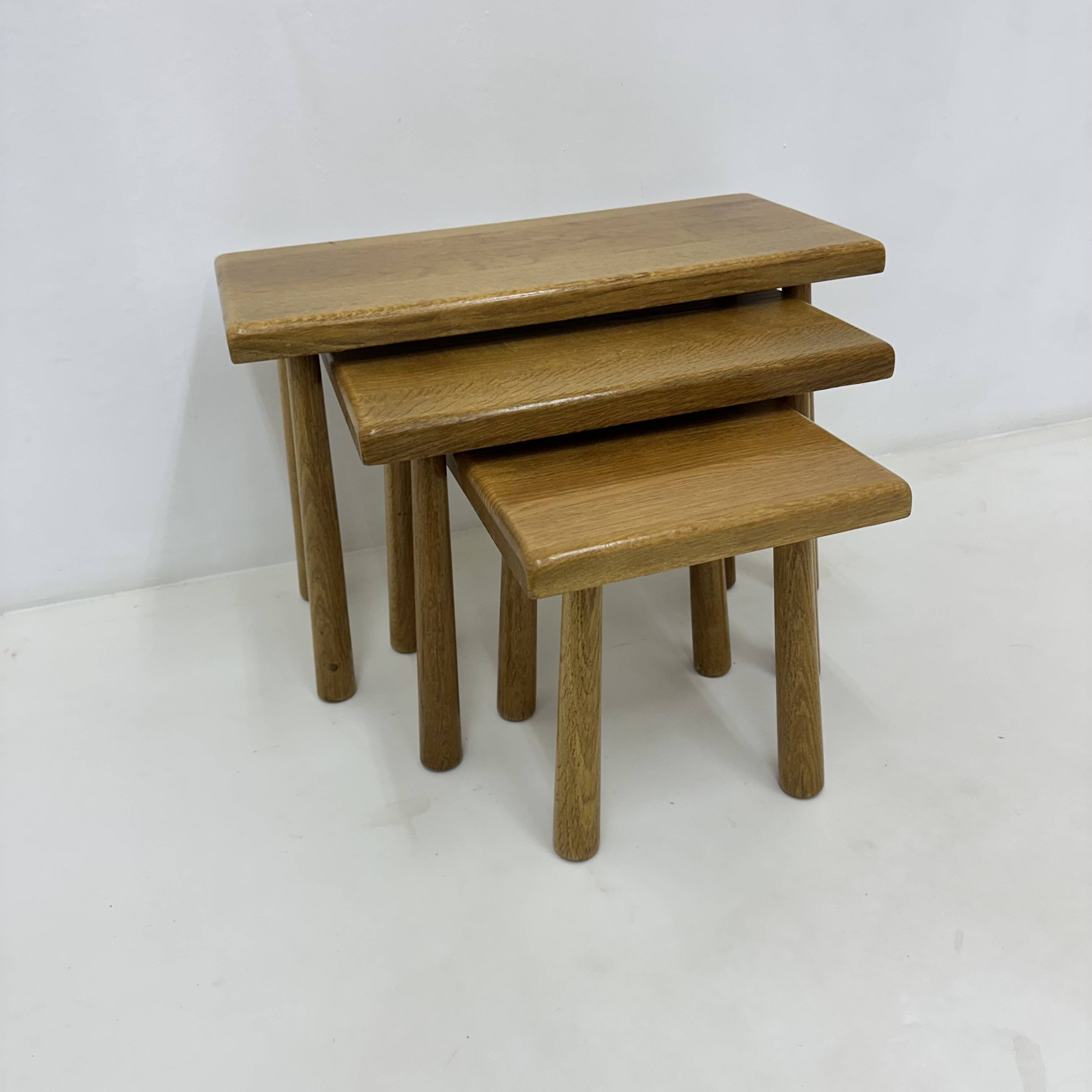 Set of nesting tables solid oak wood brutalist , 1970s