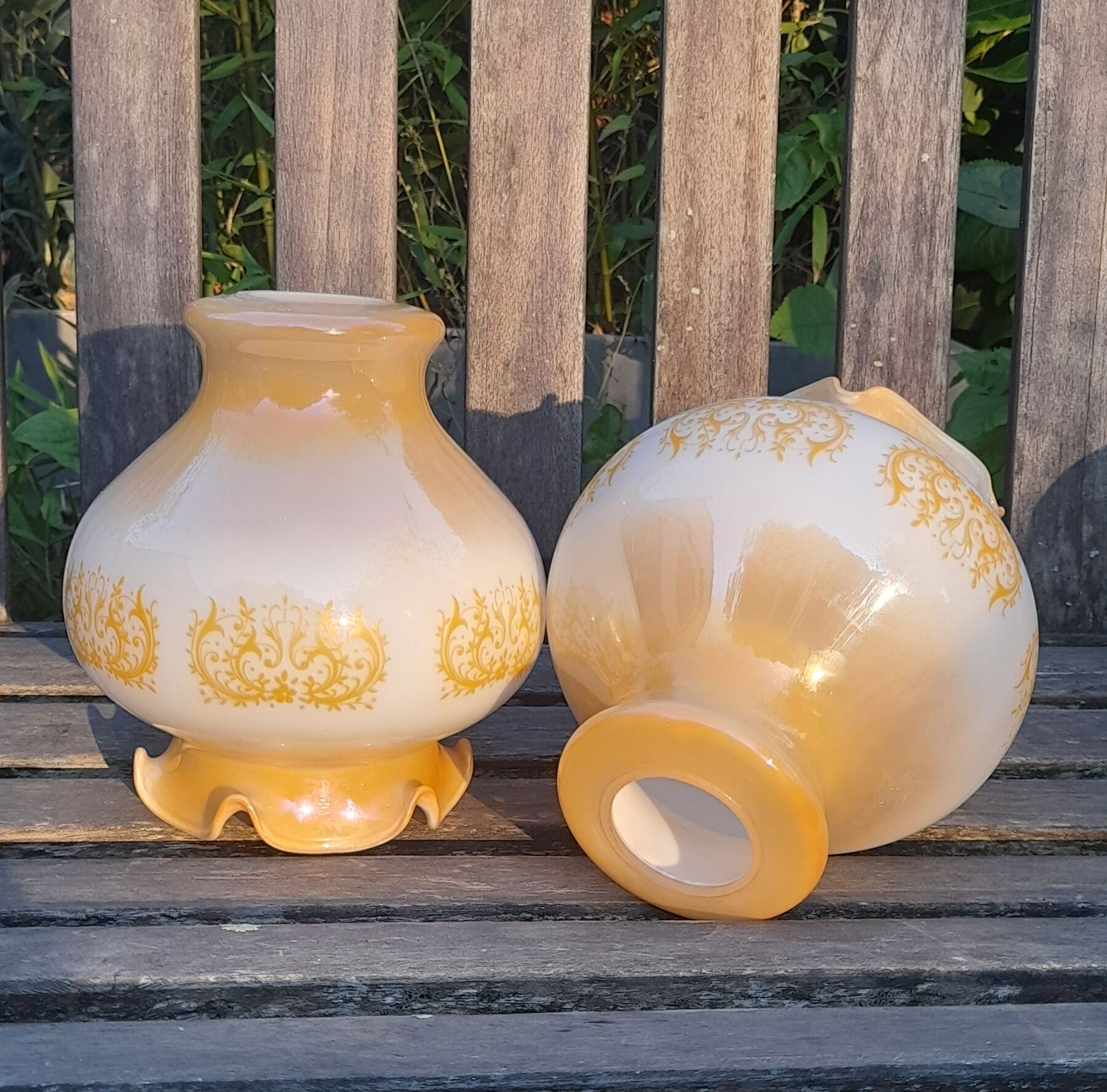 Duo of orange opaline tulip globes for suspension, art deco