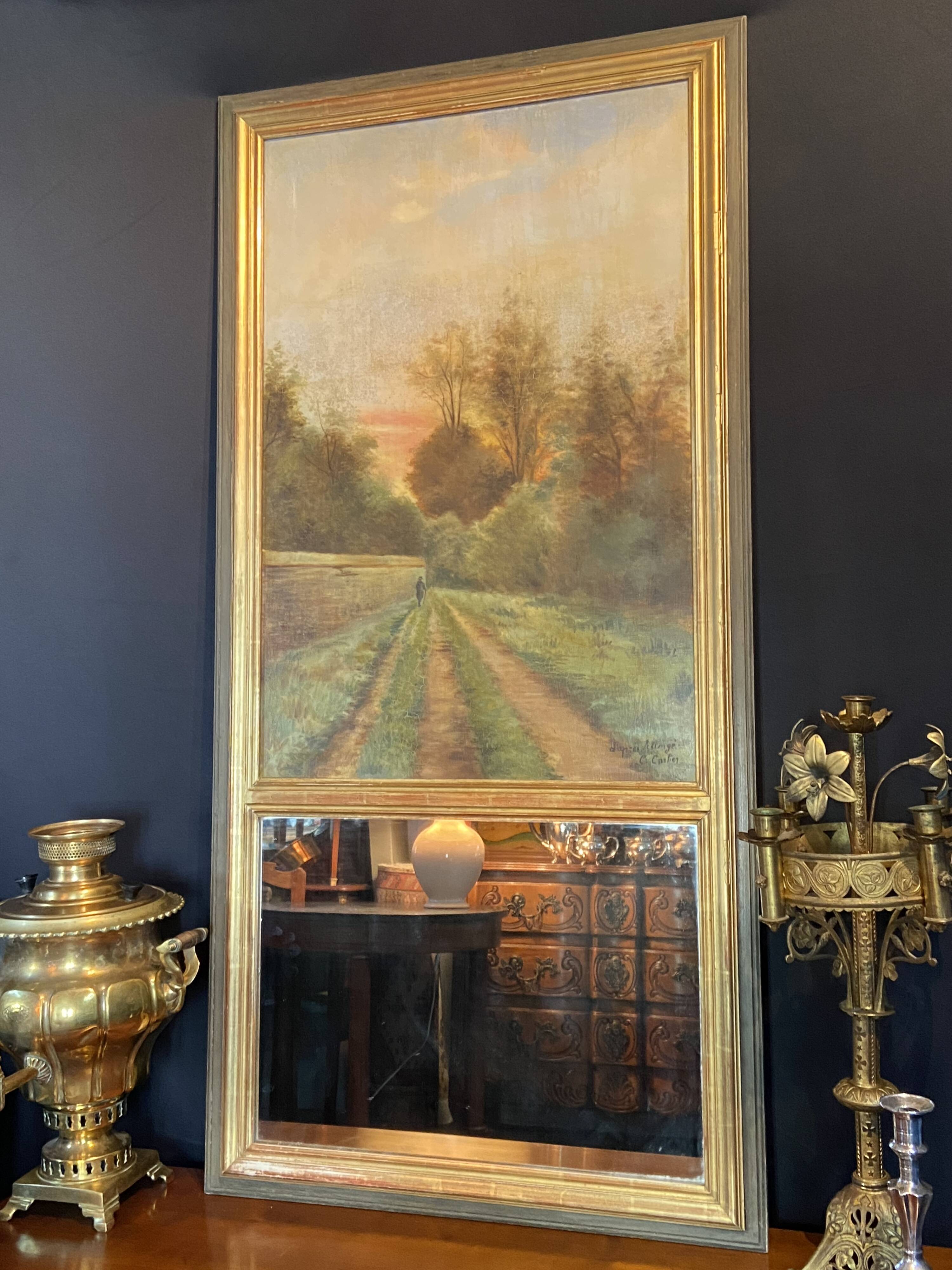 Late 19th century trumeau fireplace mirror painting signed Carlier country path