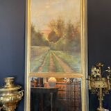 Late 19th century trumeau fireplace mirror painting signed Carlier country path