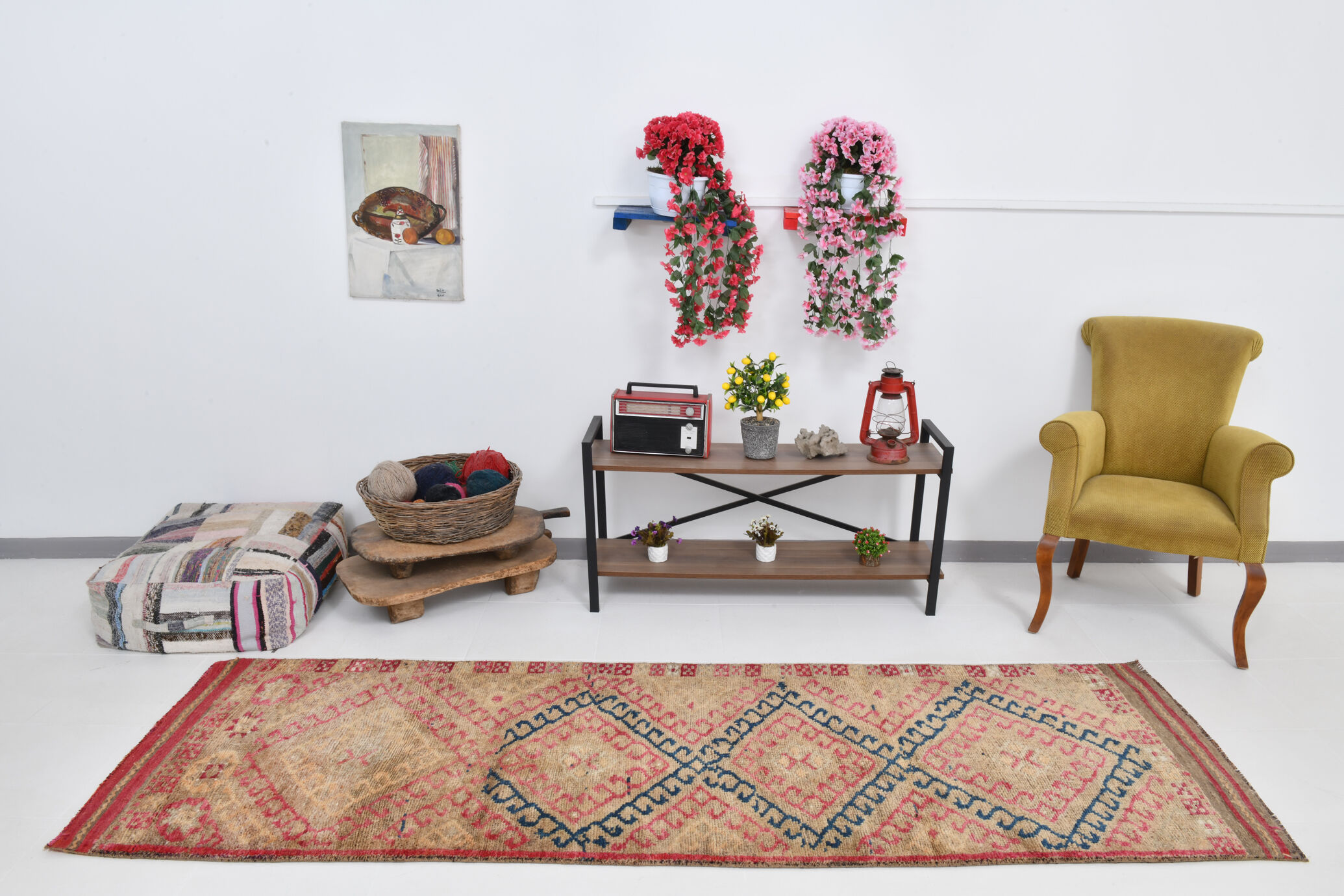 3x9 red & blue herki vintage runner rug 92x286cm