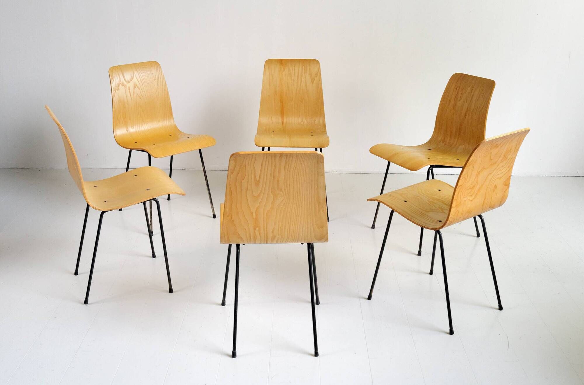 Set of 6 bent plywood chairs, 1950