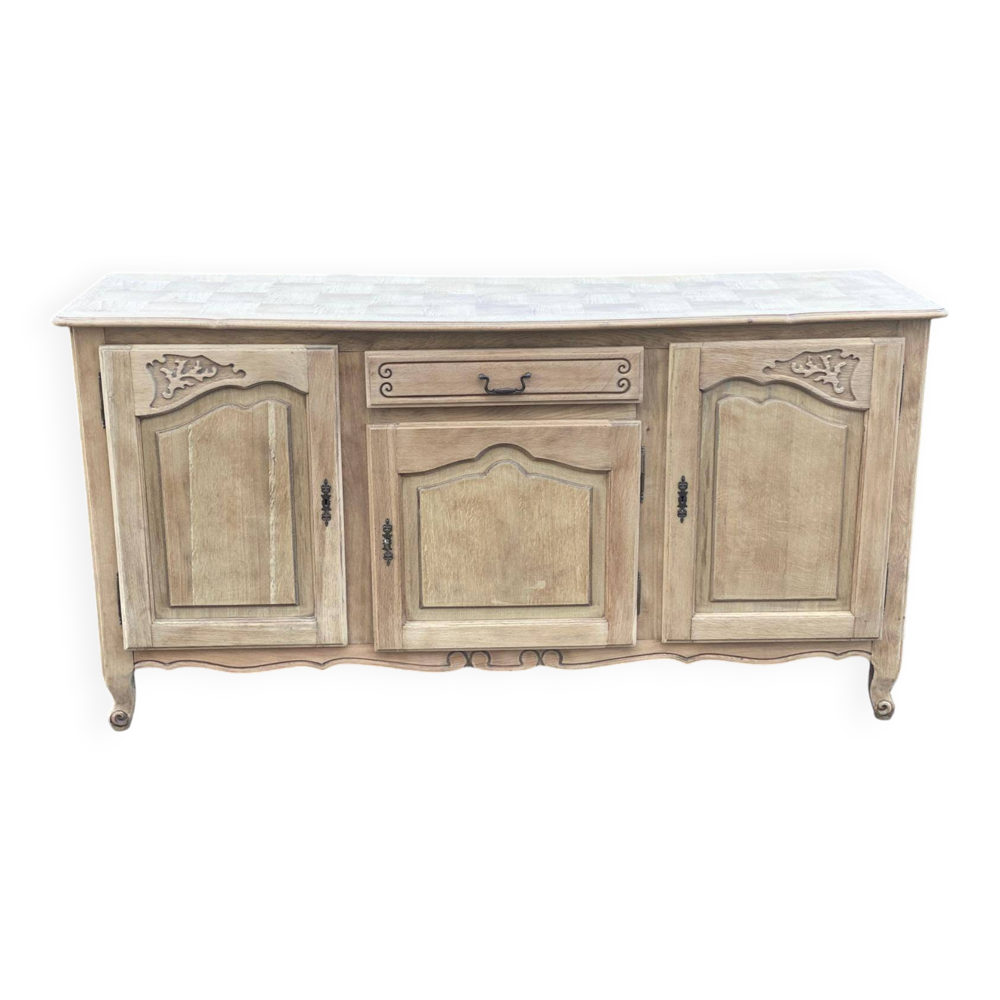 Louis XV sideboard renovated in raw oak and marquetry 3 doors 180cm