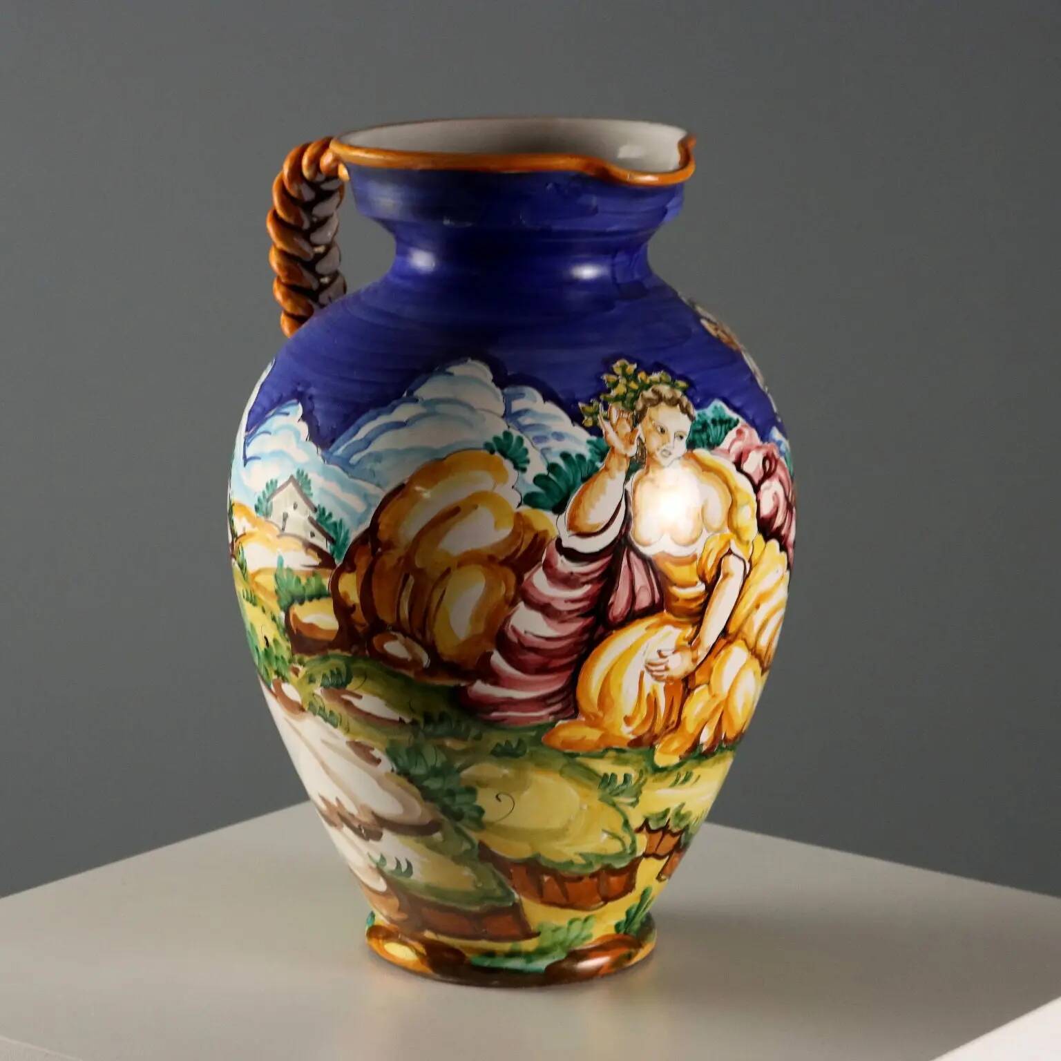 Ancient amphora in majolica, Taccini manufacture, Italy, 20th century.