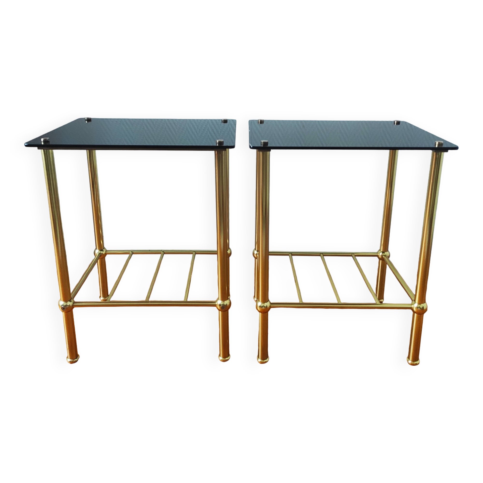 Pair of vintage 70s glass and brass sofa ends