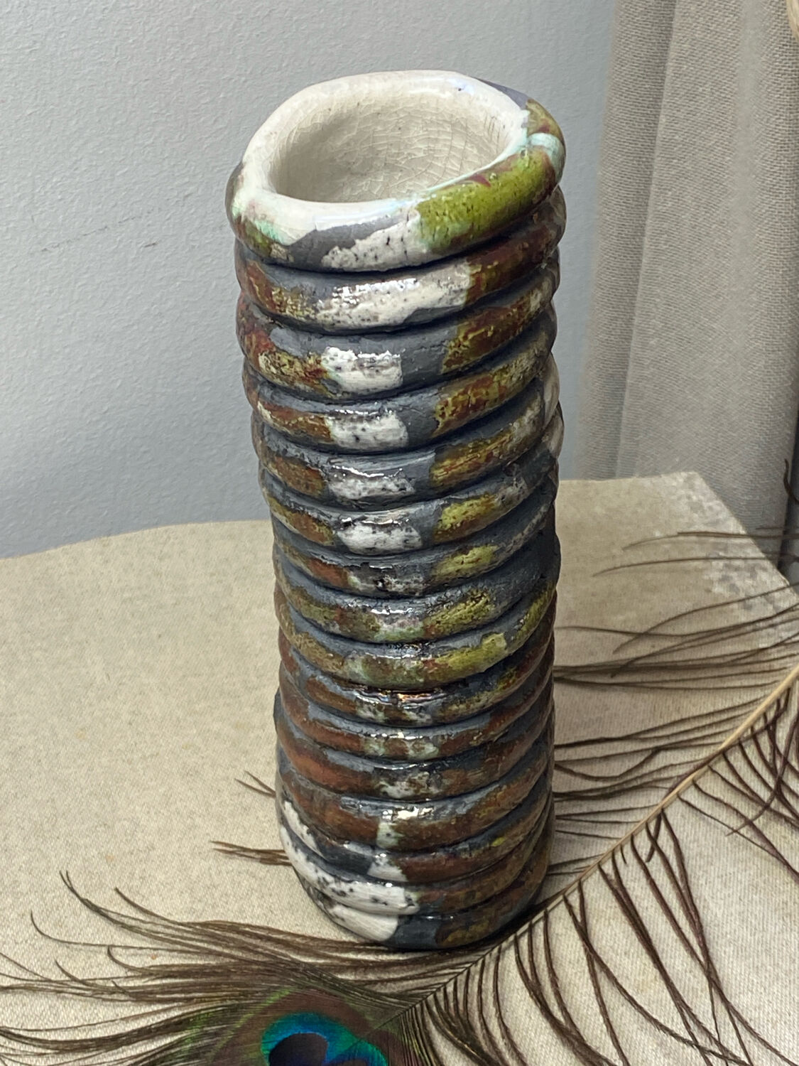 Raku ceramic tubular vase