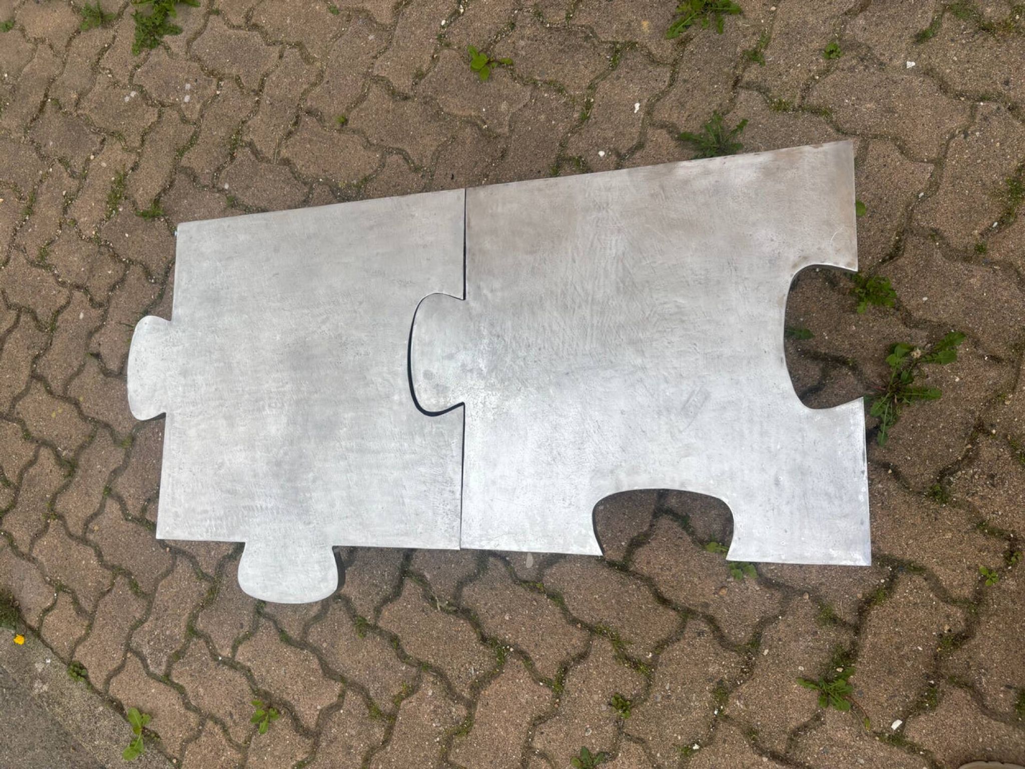 Pair of uniquely designed handmade puzzle coffee tables
