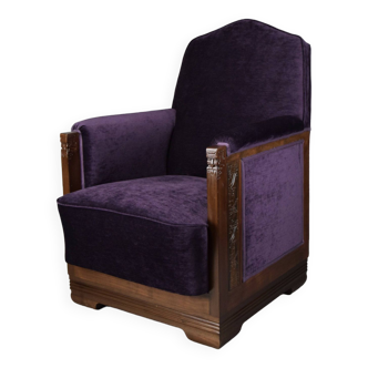 Fauteuil lounge Art Déco en bois de Jatoba et velours violet