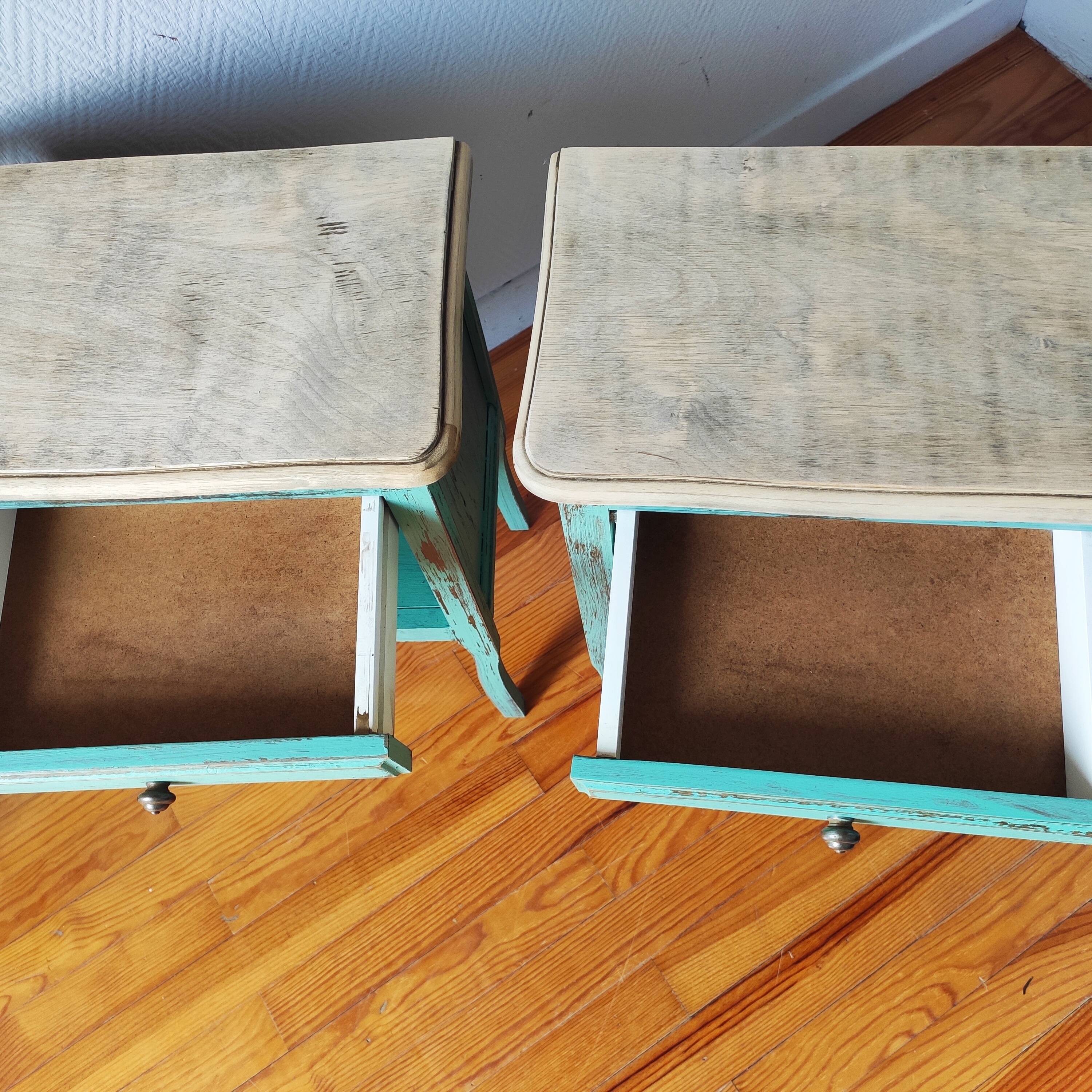 Pair of bedside tables with aged patina