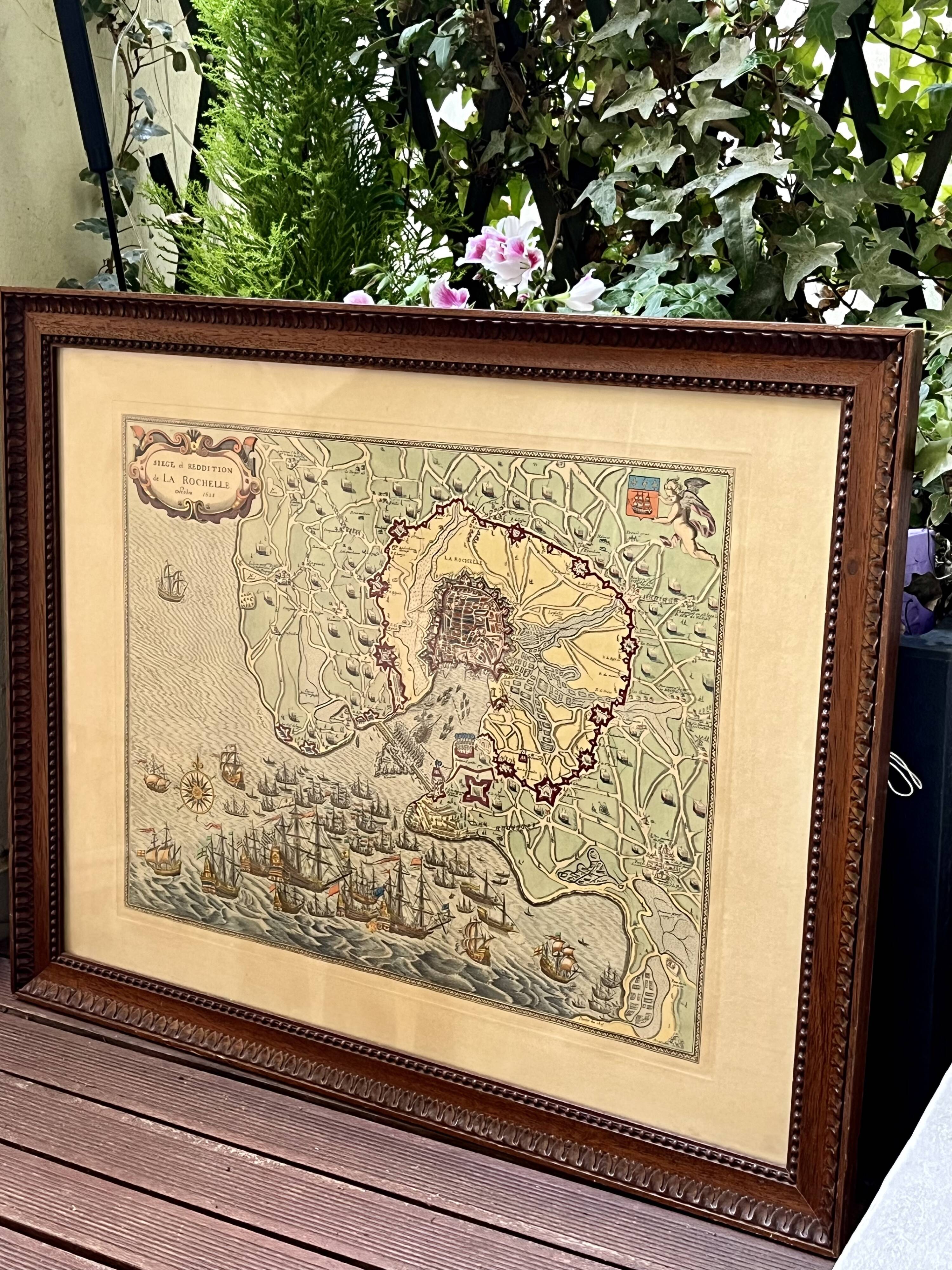 Engraving map siege & surrender La Rochelle -1628