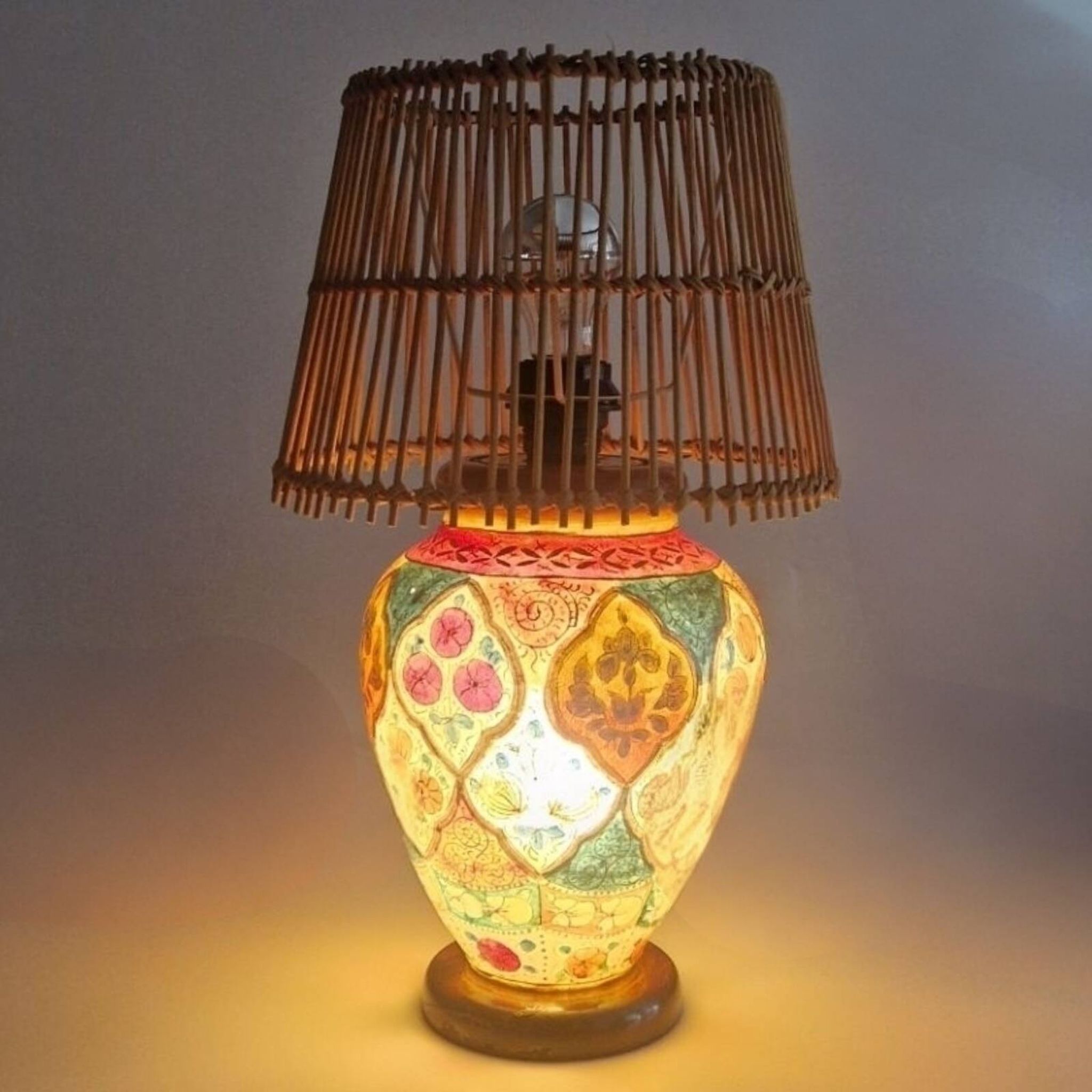 Oriental leather hand painted table lamp, Middle East 1960s