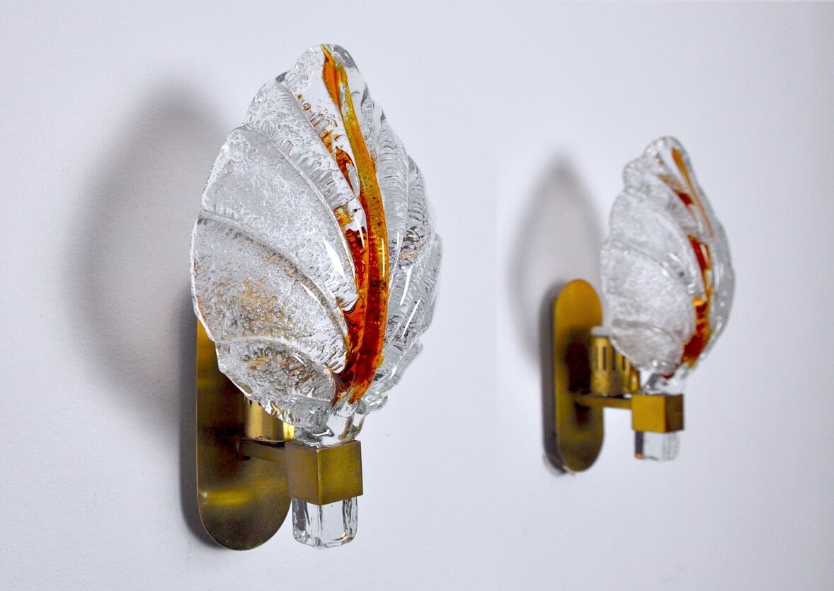 Pair of "leaf" wall lamps by Carl Fagerlund, Murano glass, Germany, 1970