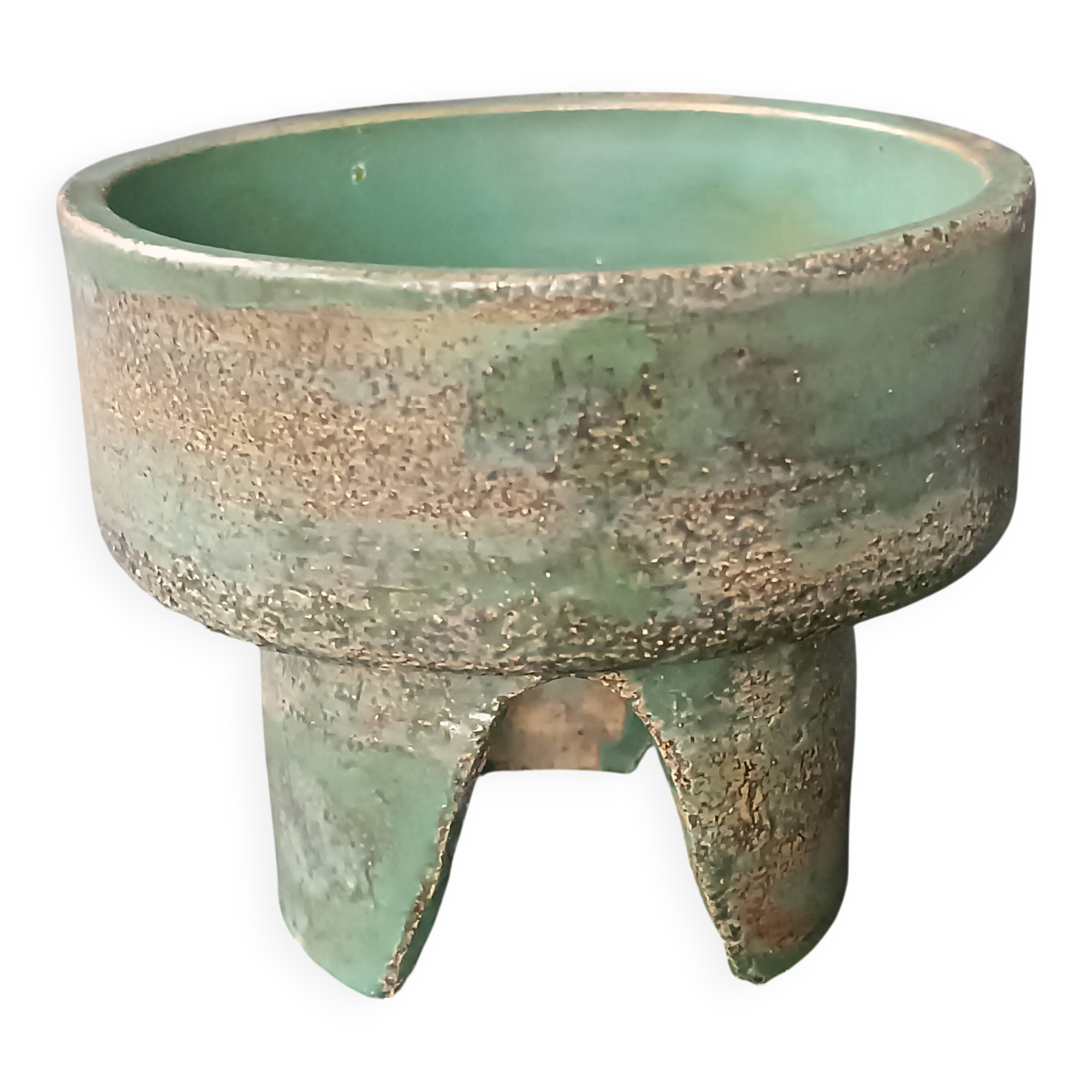 Footed dish in chamotte stoneware green with signature 1960