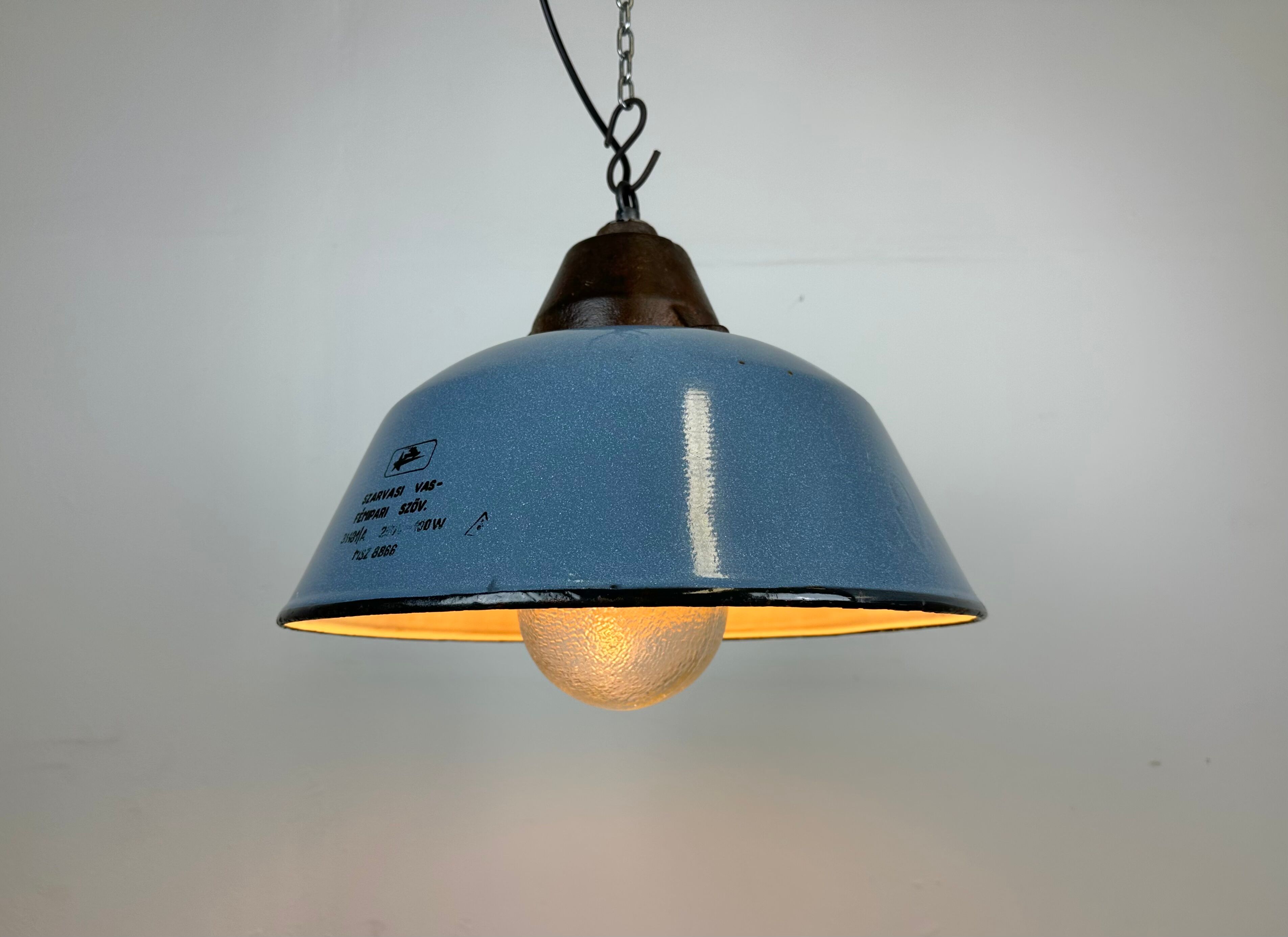 Industrial Grey Enamel and Cast Iron Pendant Light with Glass Cover, 1960s