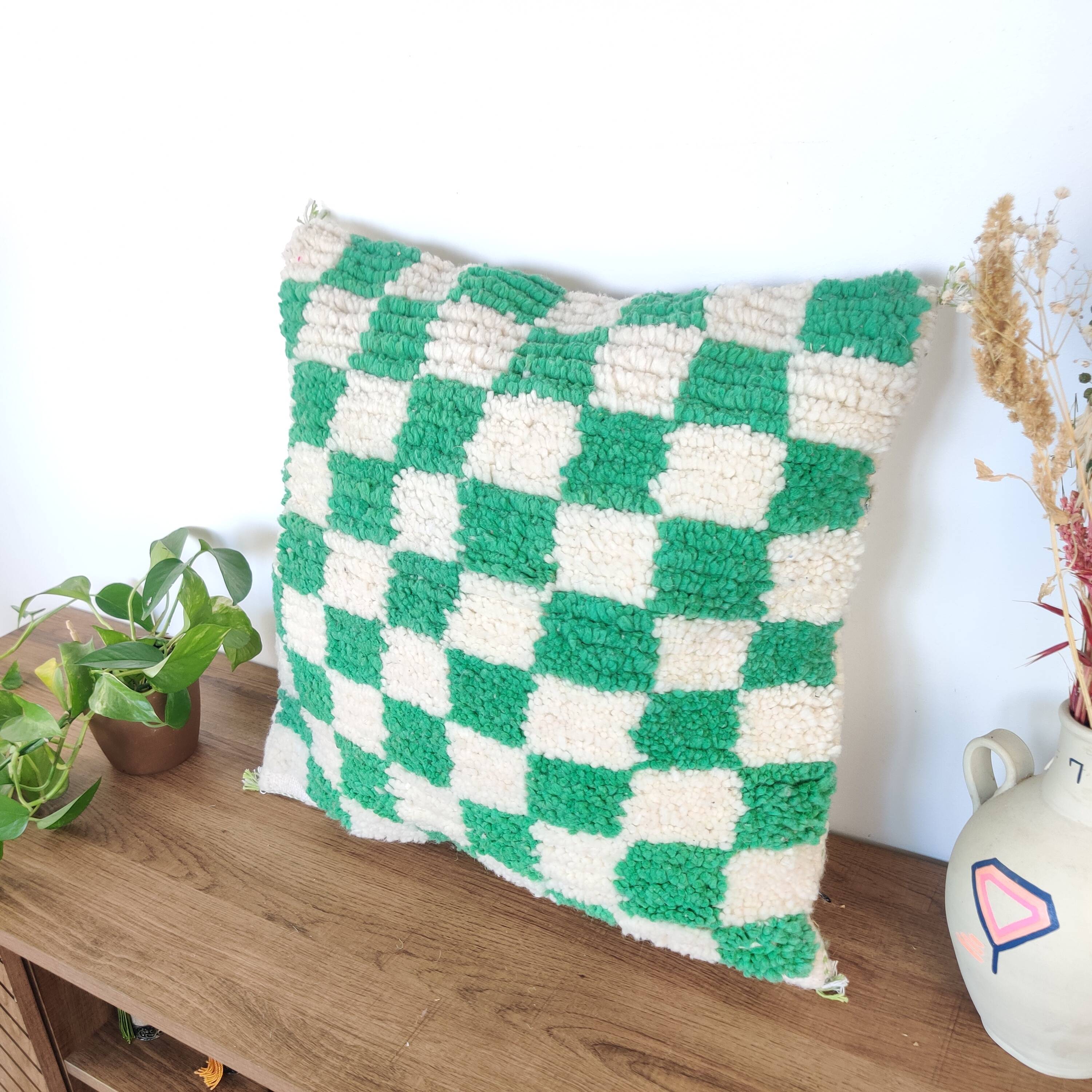 Berber green checkerboard cushion