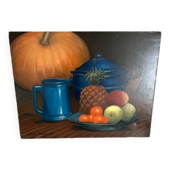 Oil painting on canvas naif style still life 1985 sign laurent berger