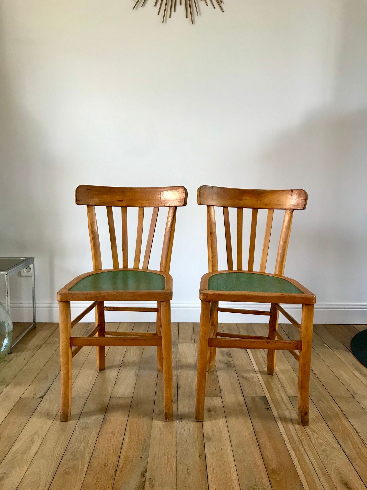 Pair of bistro chairs in light curved wood and green seat 1950s