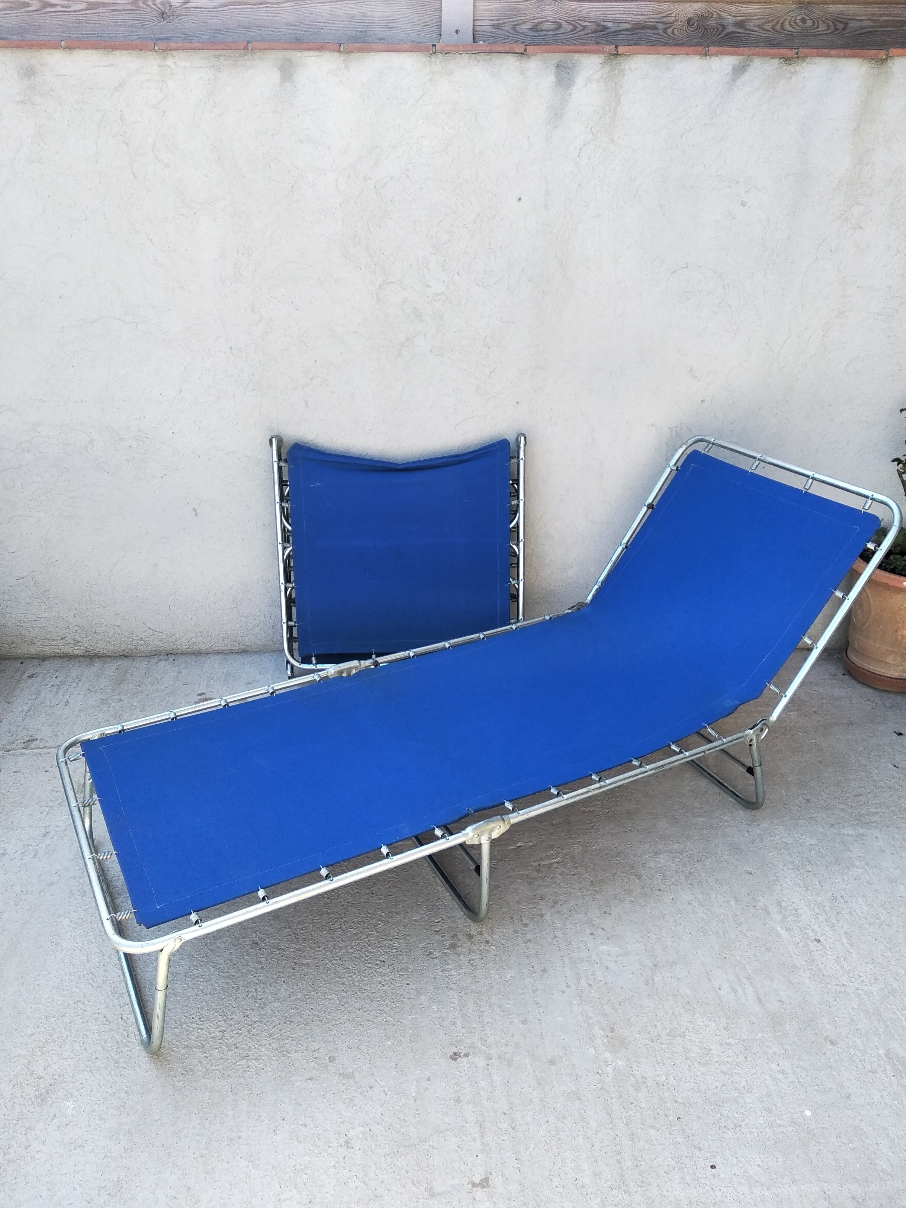Camp bed - folding sunbed aluminum and vintage cotton