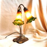 Art nouveau style brass table lamp with 2 lampshades, living room lamp.