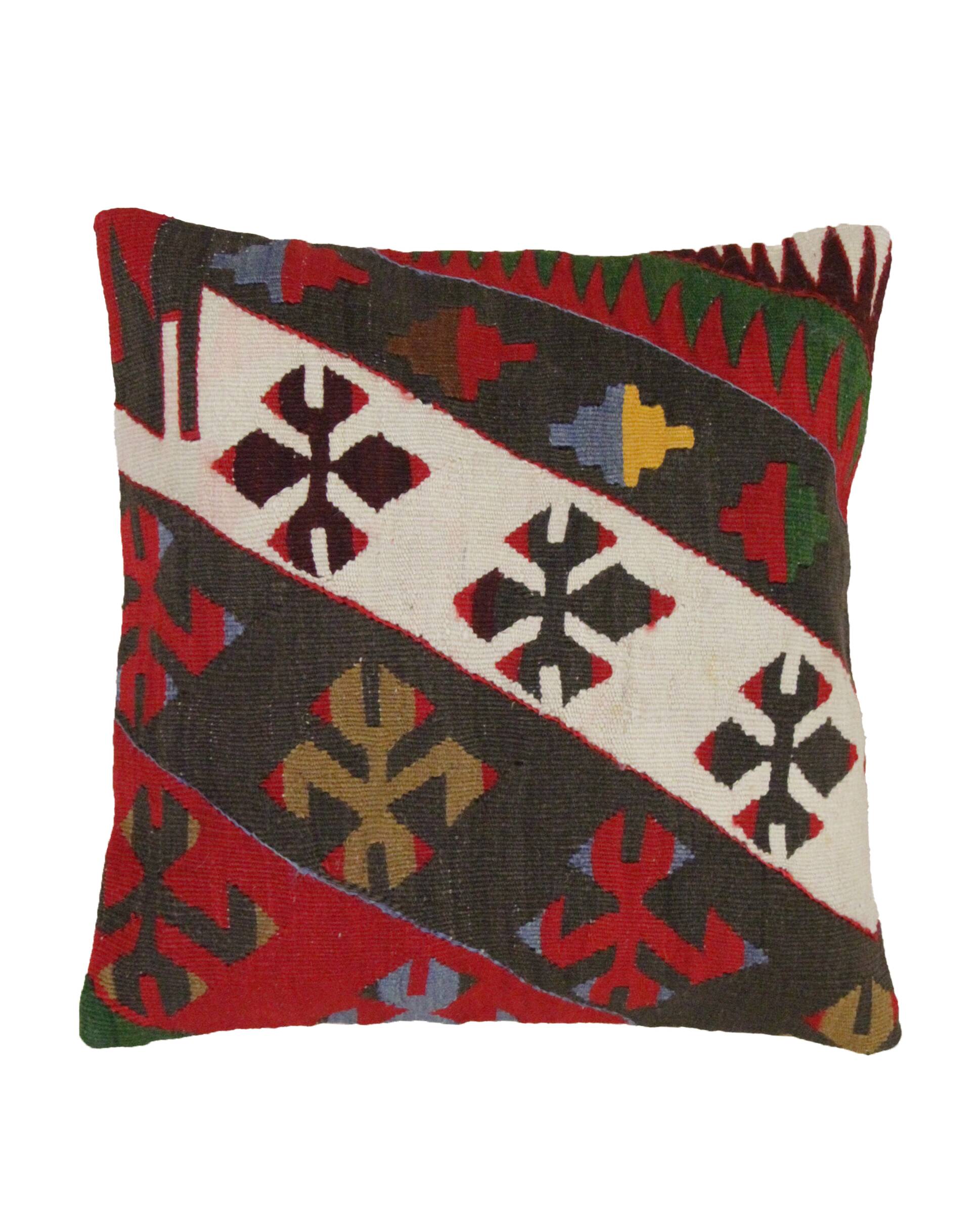 A Pair of Antique Turkish Flatwoven Kilim Cushion Cover, Geometric Pillow